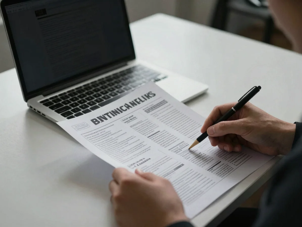 Editorial photograph of hands reviewing a printed campaign plan b