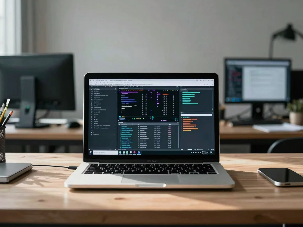 Wide editorial view of a focused workspace with a laptop showing