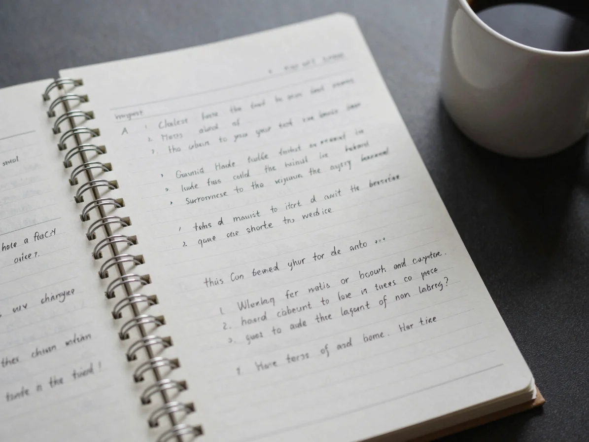 Close detail of a notebook with handwritten test notes beside a c