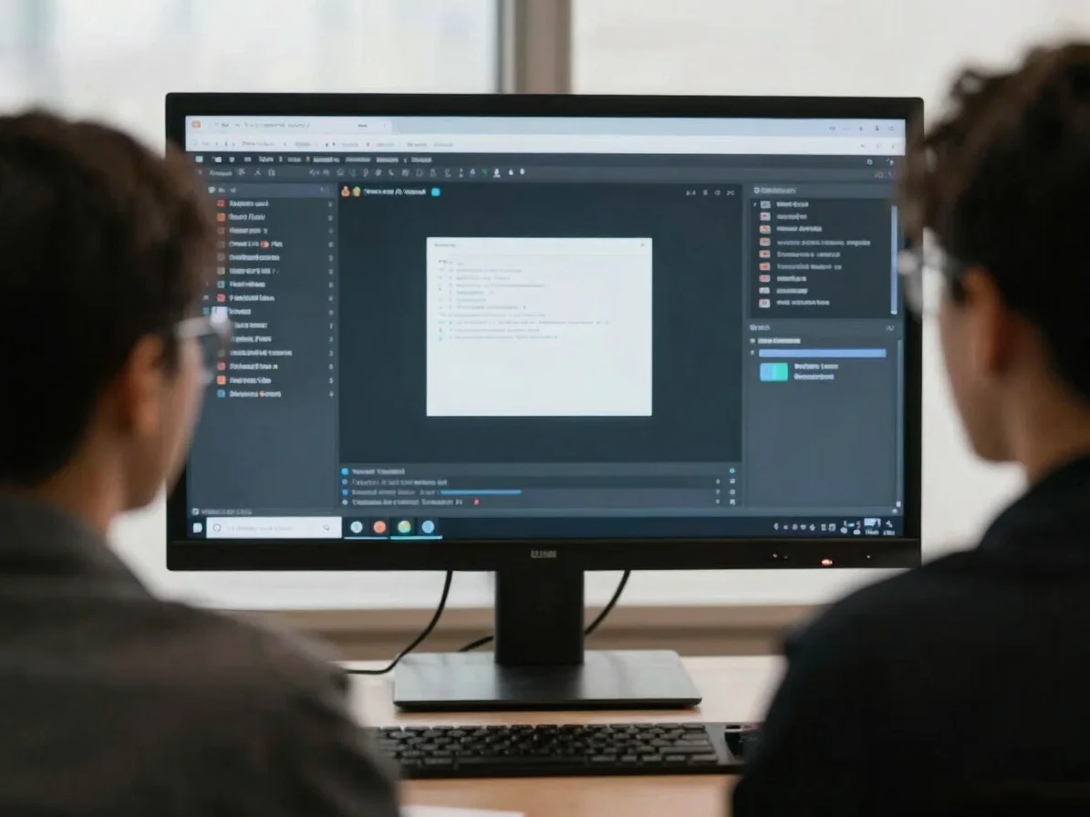 Collaborative discussion around a screen, two people in profile,