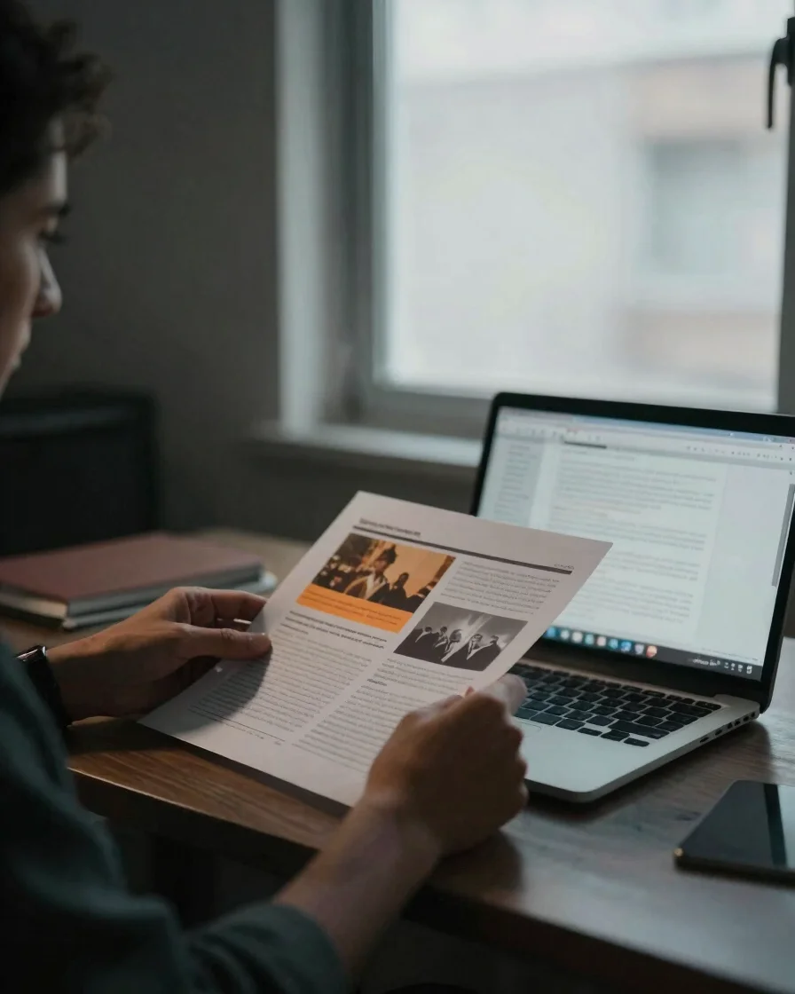 Editorial photograph of a focused workspace: hands reviewing a printed campaign plan beside a laptop, soft controlled da