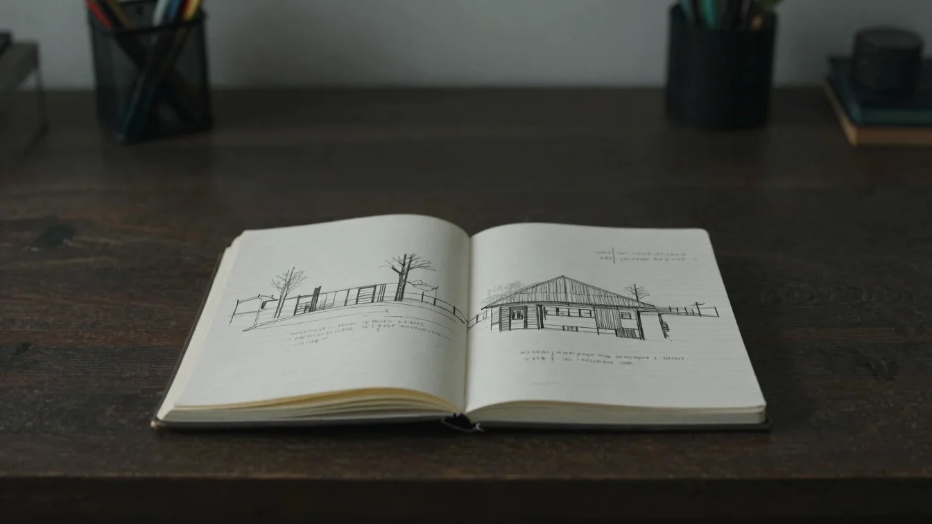Wide environmental view of a quiet desk with a notebook of site a