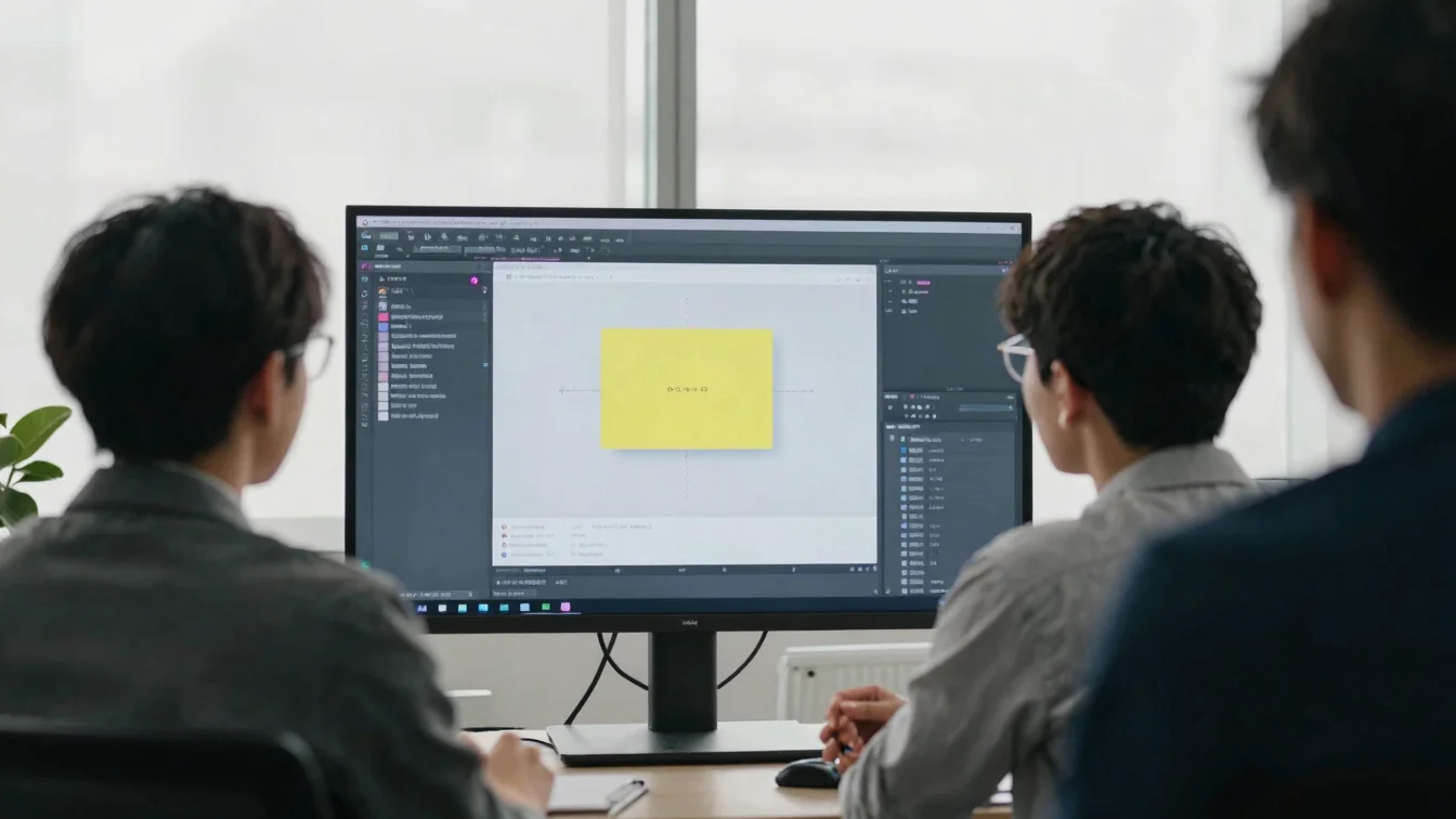 Collaborative discussion around a screen in a bright office, soft