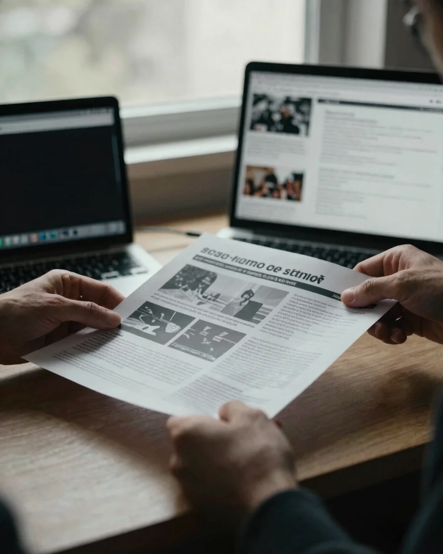 Editorial photograph of hands reviewing a printed campaign plan beside a laptop, soft controlled daylight from a window,